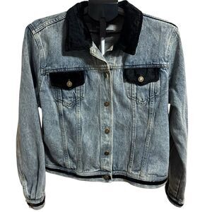 VTG 90s Newport News Jeanology Denim Trucker Jacket w/ Black Velour Trim size 18
